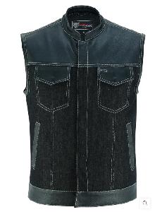 MEN'S DENIM & LEATHER VEST WITH WHITE STITCHING