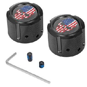 FRONT AXLE NUT COVER - STAINLESS STEEL - BLACK W/RED/WHITE/BLUE FLAG SKULL
