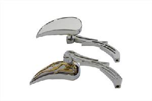 CHROME BILLET TEAR DROP MIRROR WITH GOLD FLAME INLAY BACK